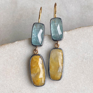 Golden Rutilated Quartz and Teal Kyanite Earrings