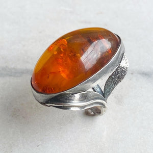 Sterling Silver & Amber Ring with Leaf Motif