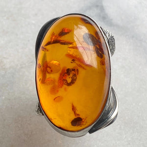 Sterling Silver & Amber Ring with Leaf Motif