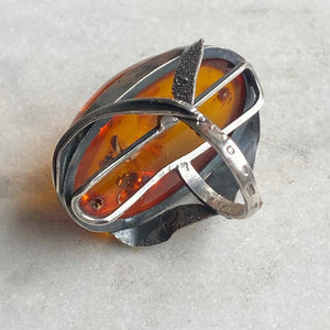 Sterling Silver & Amber Ring with Leaf Motif