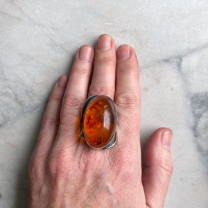 Sterling Silver & Amber Ring with Leaf Motif
