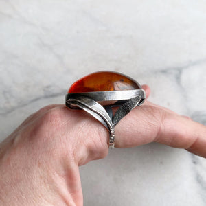 Sterling Silver & Amber Ring with Leaf Motif