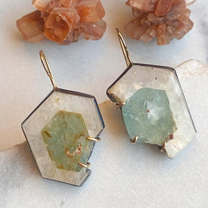 Aquamarine-in-Quartz Slice Earrings