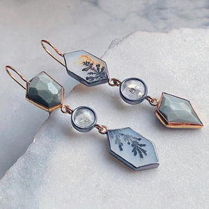 Dendritic Agate, Marcasite in Quartz, and Chatoyant Grey Quartz Earrings