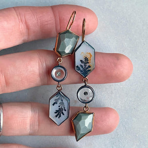 Dendritic Agate, Marcasite in Quartz, and Chatoyant Grey Quartz Earrings
