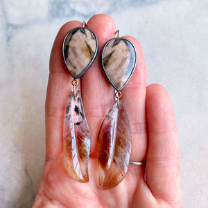 Petrified Oak Earrings with Included Quartz Leaves