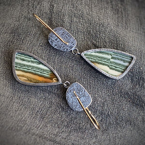 Teal Kyanite and Petrified Wood Earrings