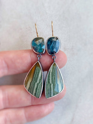 Teal Kyanite and Petrified Wood Earrings