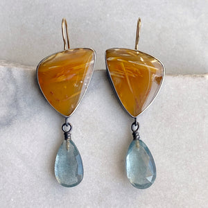 Petrified Wood and Moss Aquamarine Earrings