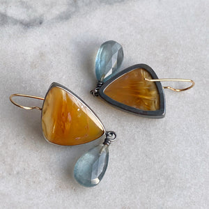 Petrified Wood and Moss Aquamarine Earrings