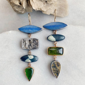 Dumortierite, Green Tourmaline, Dendritic Quartz and Obsidian Earrings