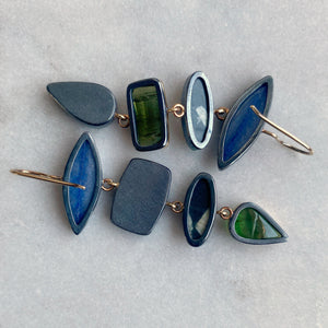 Dumortierite, Green Tourmaline, Dendritic Quartz and Obsidian Earrings