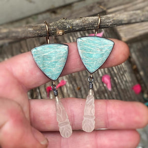 Amazonite and Frosted Carved Quartz Earrings