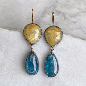 Golden Rutilated Quartz and Teal Kyanite Earrings