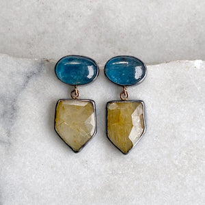 Golden Rutilated Quartz and Teal Kyanite Earrings