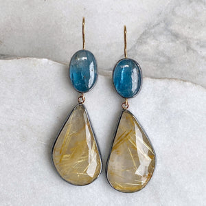 Golden Rutilated Quartz and Teal Kyanite Earrings