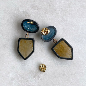 Golden Rutilated Quartz and Teal Kyanite Earrings