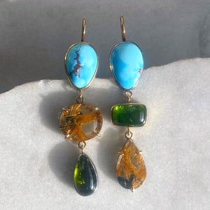 Golden Hills Turquoise, Green Tourmaline, and Golden Rutilated Quartz Earrings