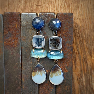 Sapphire, Dendritic Quartz, Kyanite, and Dendritic Agate Earrings