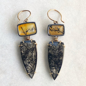 Black Tourmalinated Quartz and Golden Dendritic Quartz Earrings