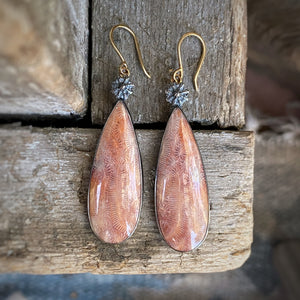 Fossilized Coral Earrings with Poppy Pods