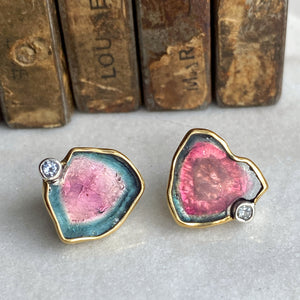 Blue/Pink Tourmaline Slice Earrings with Silver Spinel