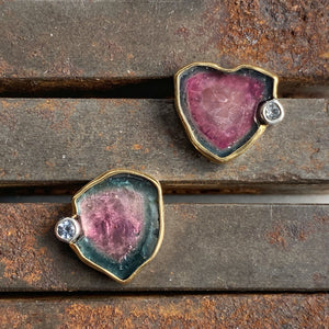 Blue/Pink Tourmaline Slice Earrings with Silver Spinel