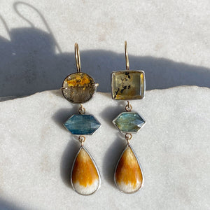 Dendritic Quartz, Kyanite, and Ombré Golden Feldspar Earrings