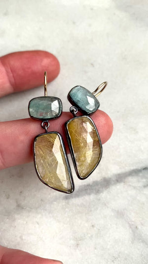 Teal Kyanite and Golden Rutilated Quartz Earrings