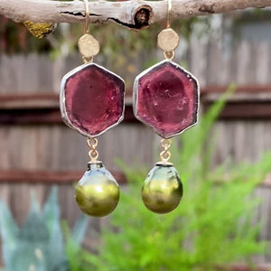 Pink Tourmaline & South Sea Pearl Earrings