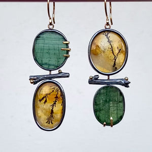 Raw Green Tourmaline and Dendritic Quartz Earrings with Twigs