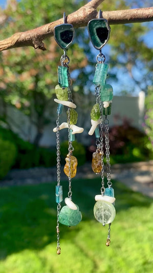 Tourmaline, Garnet, and Vintage White Coral Shoulder-Duster Earrings
