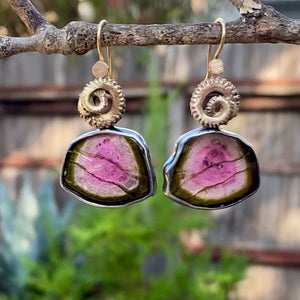 Striated Watermelon Tourmaline Slice Earrings with Octopus Tentacles