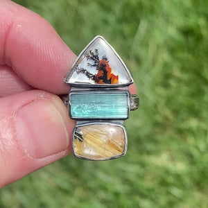 Custom Ring with Dendritic Quartz, Raw Tourmaline Crystal, Golden Rutilated Quartz, and Diamond