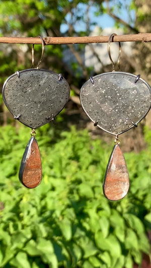 Black Sunstone and Copper in Quartz Earrings
