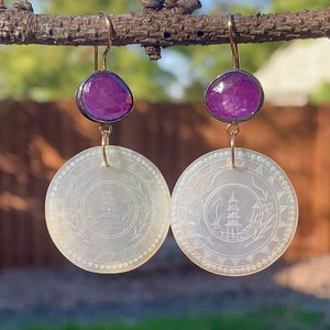 Raspberry Sheen Sapphire and Antique Mother of Pearl Chinese Gaming Token Earrings