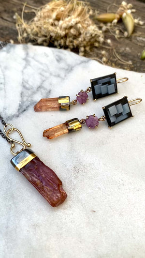 Art Deco Graphic Cameo Earrings with Ruby Record Keepers and Raw Imperial Topaz Crystals