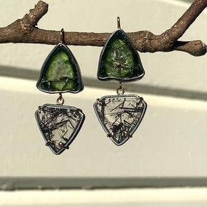 Green Tourmaline and Black Rutilated Quartz Earrings