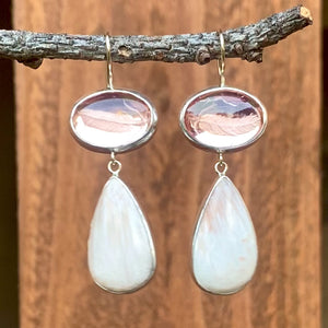 Pink Glass with Feather Reverse Intaglio and Scolecite Earrings