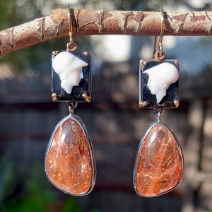 Antique Cameo and Oregon Sunstone Earrings