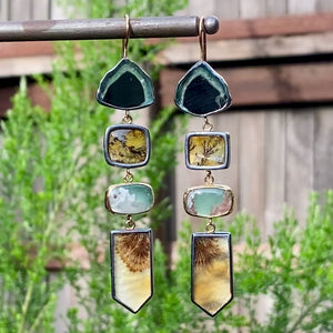 Indicolite Tourmaline, Dendritic Quartz, Aquaprase, and Dendritic Agate Earrings