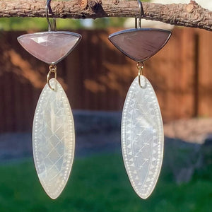 Peach Moonstone and Antique Mother of Pearl Chinese Gaming Token Earrings