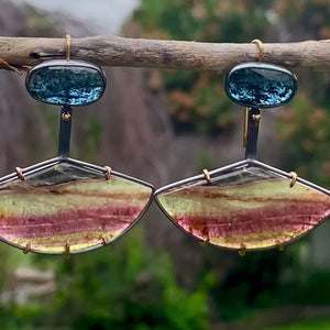 Multicolor Tourmaline and Speckled Teal Kyanite Earrings