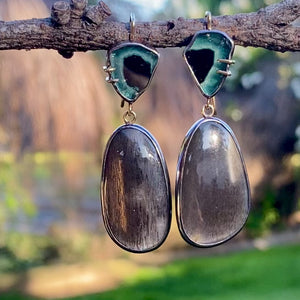 Indicolite Tourmaline and Silver Feldspar Earrings