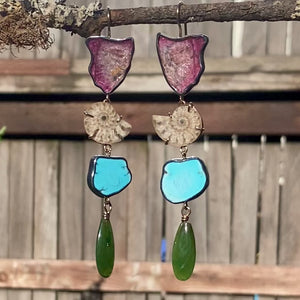 Pink Tourmaline, Ammonite, Golden Hills Turquoise, and Jade Earrings