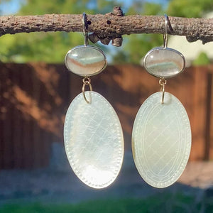 Gilalite in Quartz and Antique Mother of Pearl Chinese Gaming Token Earrings