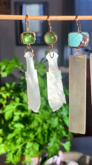 Apple Green Tourmaline and Antique Mother of Pearl Chinese Gaming Token Earrings