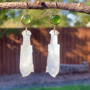 Apple Green Tourmaline and Antique Mother of Pearl Chinese Gaming Token Earrings
