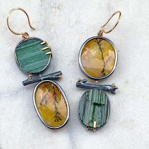 Raw Green Tourmaline and Dendritic Quartz Earrings with Twigs