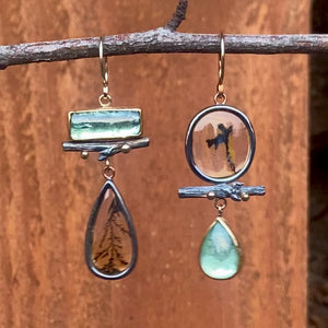 Dendritic Quartz and Seafoam Tourmaline Earrings with Twigs